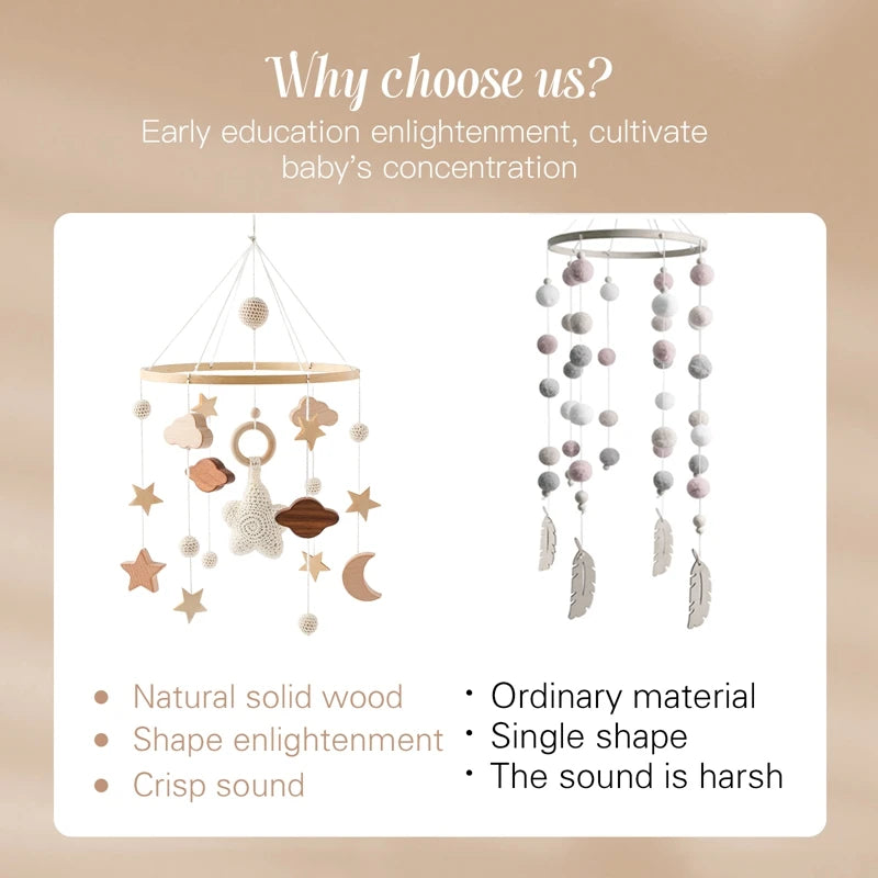 Wooden Baby Crib Mobile with Musical Rattle - Perfect Infant Toy