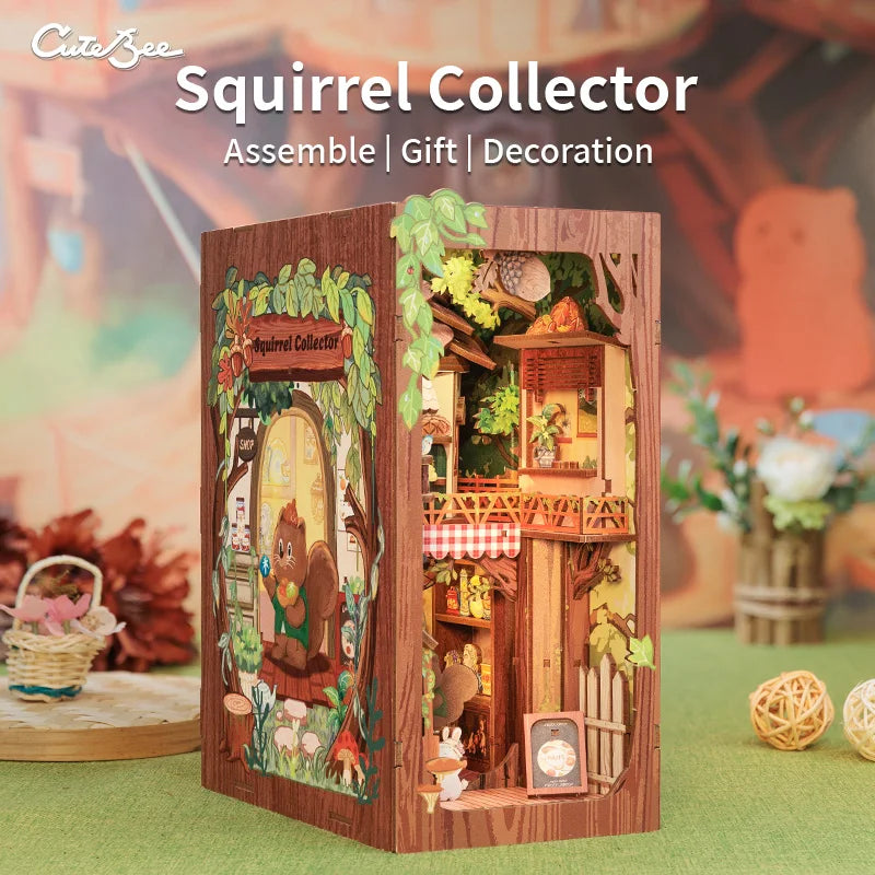 CUTEBEE DIY Book Nook Kit - Miniature Wooden Dollhouse with Lights