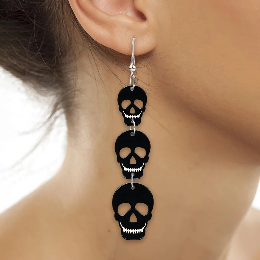 Acrylic Skull & Bat Dangle Earrings for Halloween Parties