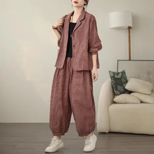 Stylish Women's Cotton Linen Stripe Suit Set - Casual Wide Leg Pants