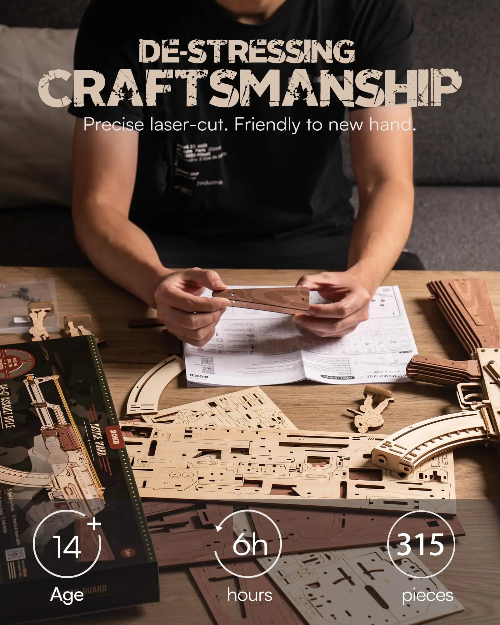 Robotime Rokr 3D Wooden AK-47 Puzzle Building Kit for All Ages