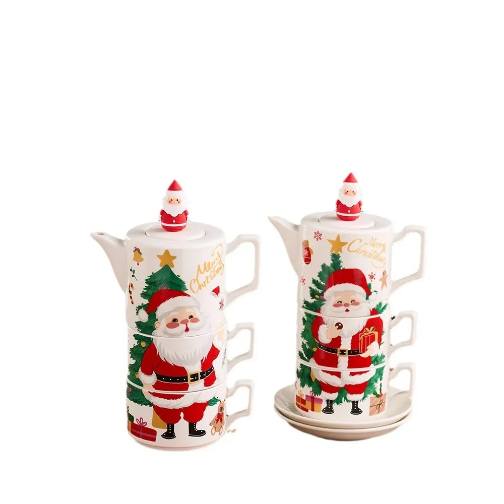 Elegant Christmas Ceramic Teapot Set with Gold Plated Accents