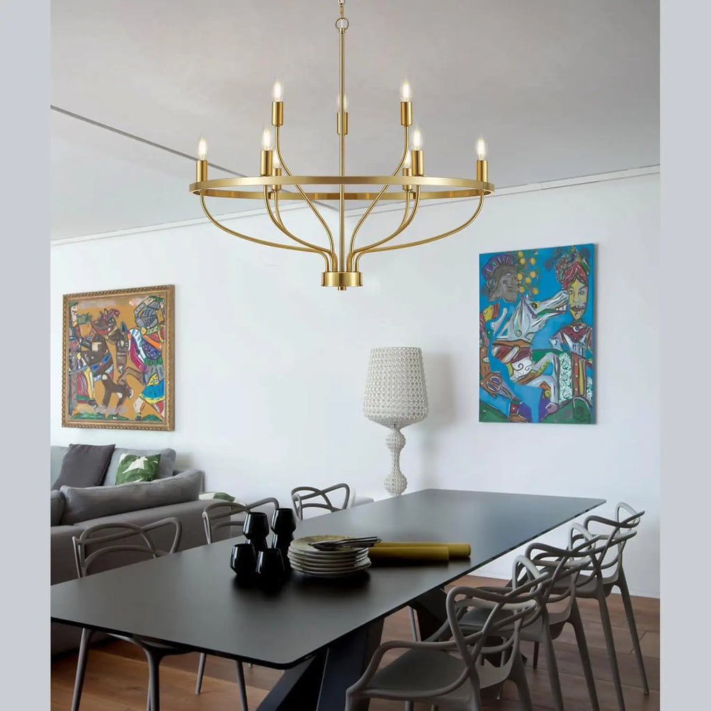 Modern Minimalist 9-Light Brass Chandelier - Gold Ceiling Pendant Light