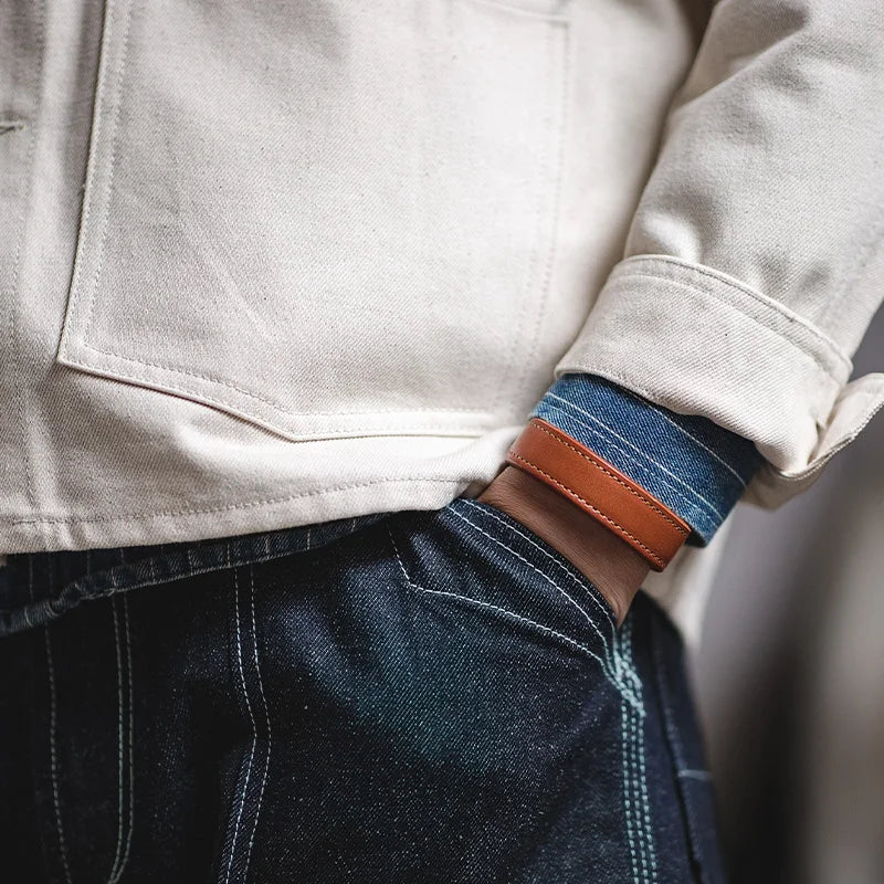 Vintage Khaki Leather Bracelet - Adjustable Men's Cuff
