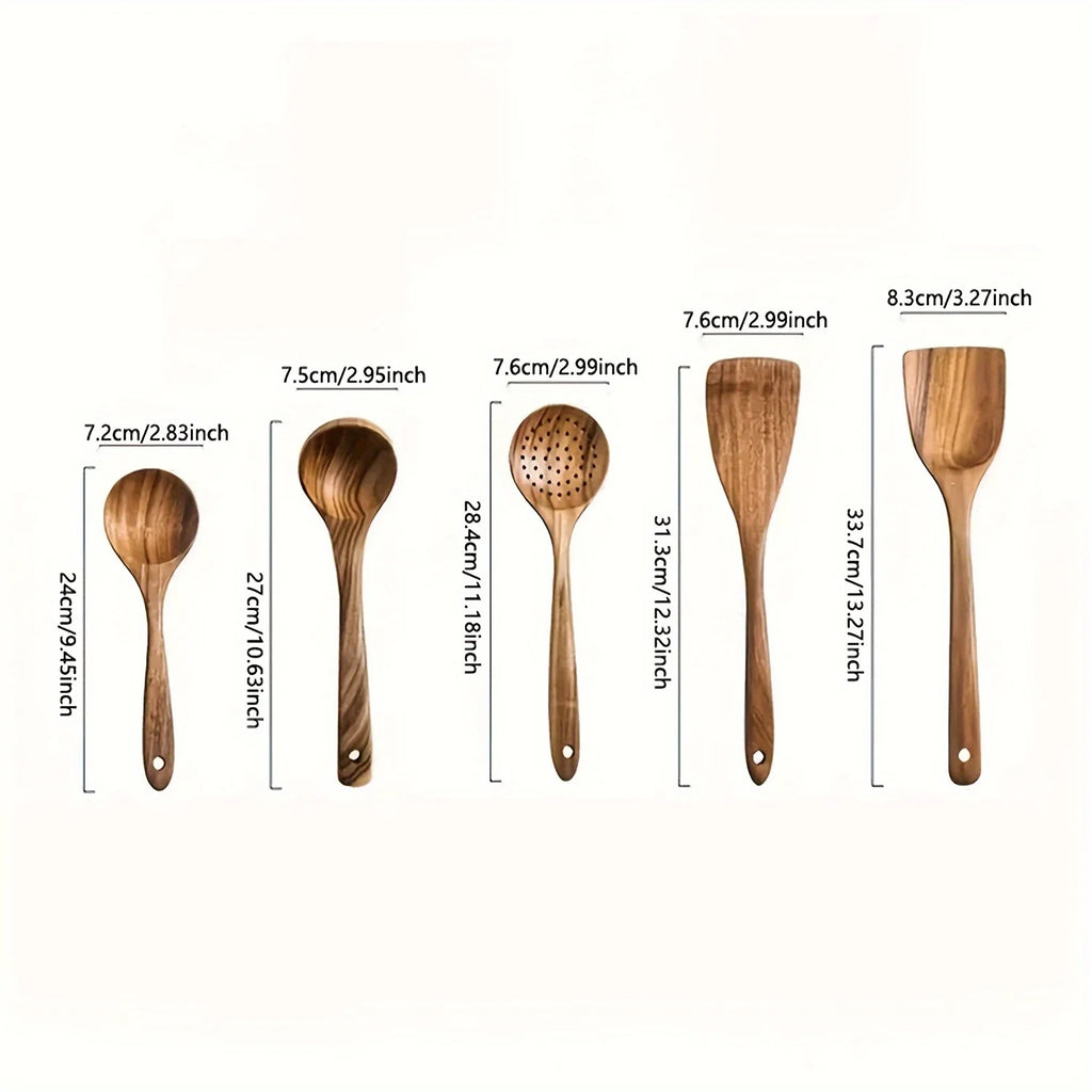5-Piece Eco-Friendly Wooden Kitchen Utensils Set for Non-Stick Cooking
