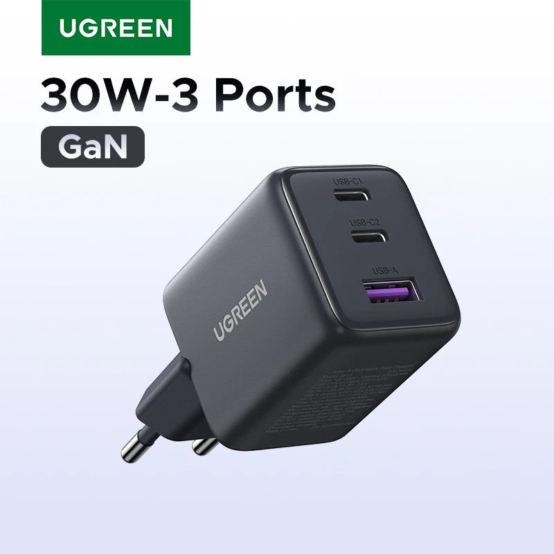 UGREEN 30W GaN USB-C Charger - Fast 3-Port Portable Charging