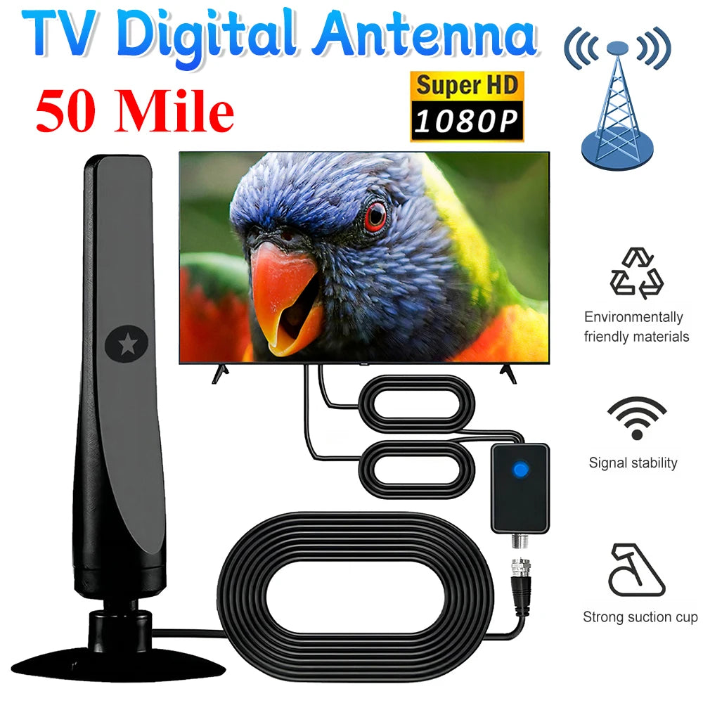 50 Miles Indoor HDTV Antenna with Signal Booster - 4K HD 1080P