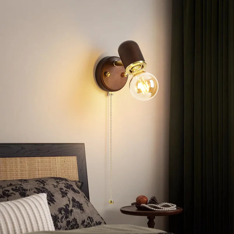 Stylish Retro Walnut LED Wall Lamp with Switch for Bedrooms & Aisles