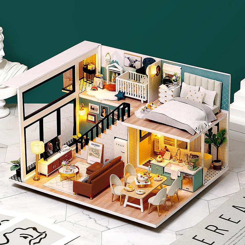 3D Wooden Mini Dollhouse Kit - DIY Duplex Apartment with Furniture