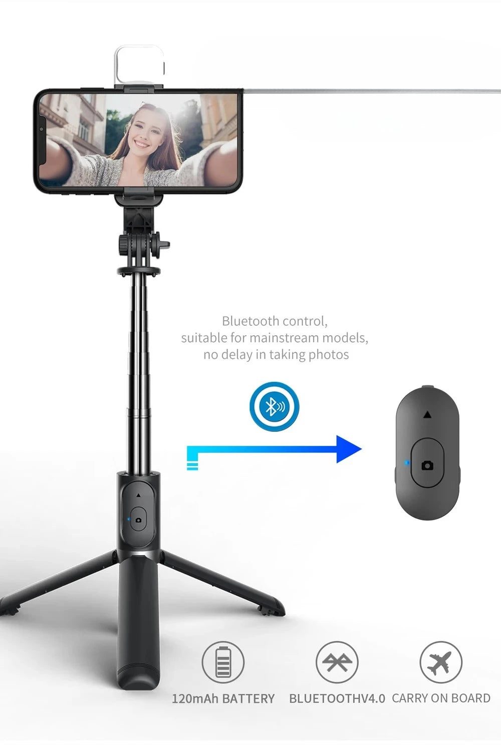 Bluetooth Selfie Stick Tripod with Remote & LED Light for Smartphones
