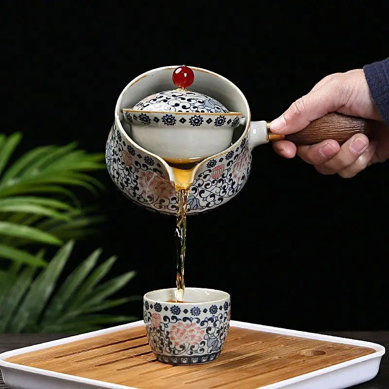 Portable 4-Piece Gongfu Tea Set with Rotating Teapot - Perfect Travel Gift
