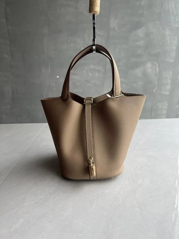 Elegant Premium Cowhide Leather Handheld Basket Bag for Women