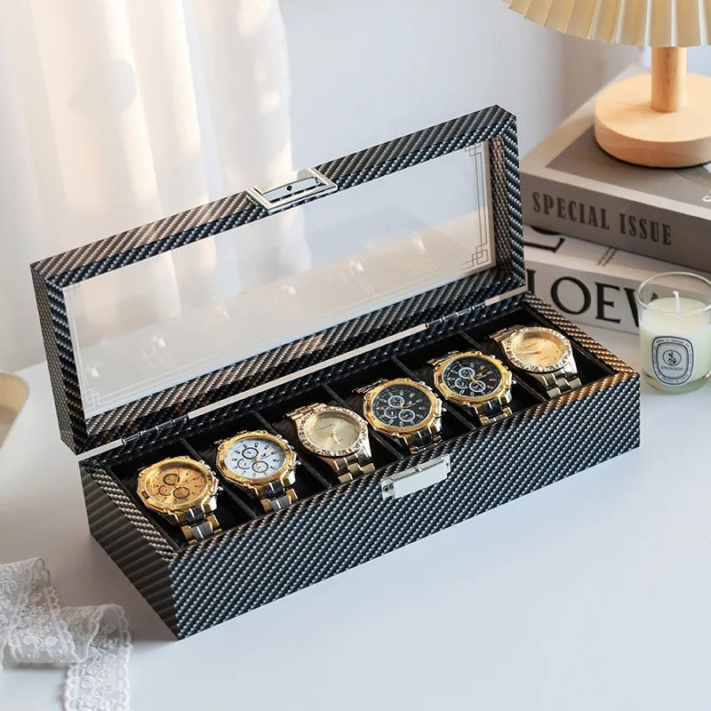 High-Gloss Carbon Fiber Watch Storage Box - Elegant Watch Organizer