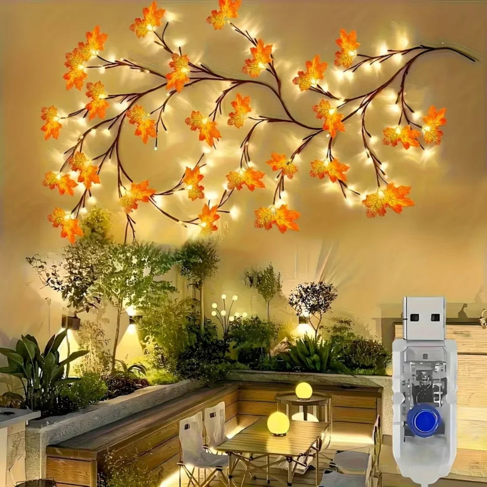 48 LED Lighted Maple Leaf Branch Garland - USB Powered Autumn Decor