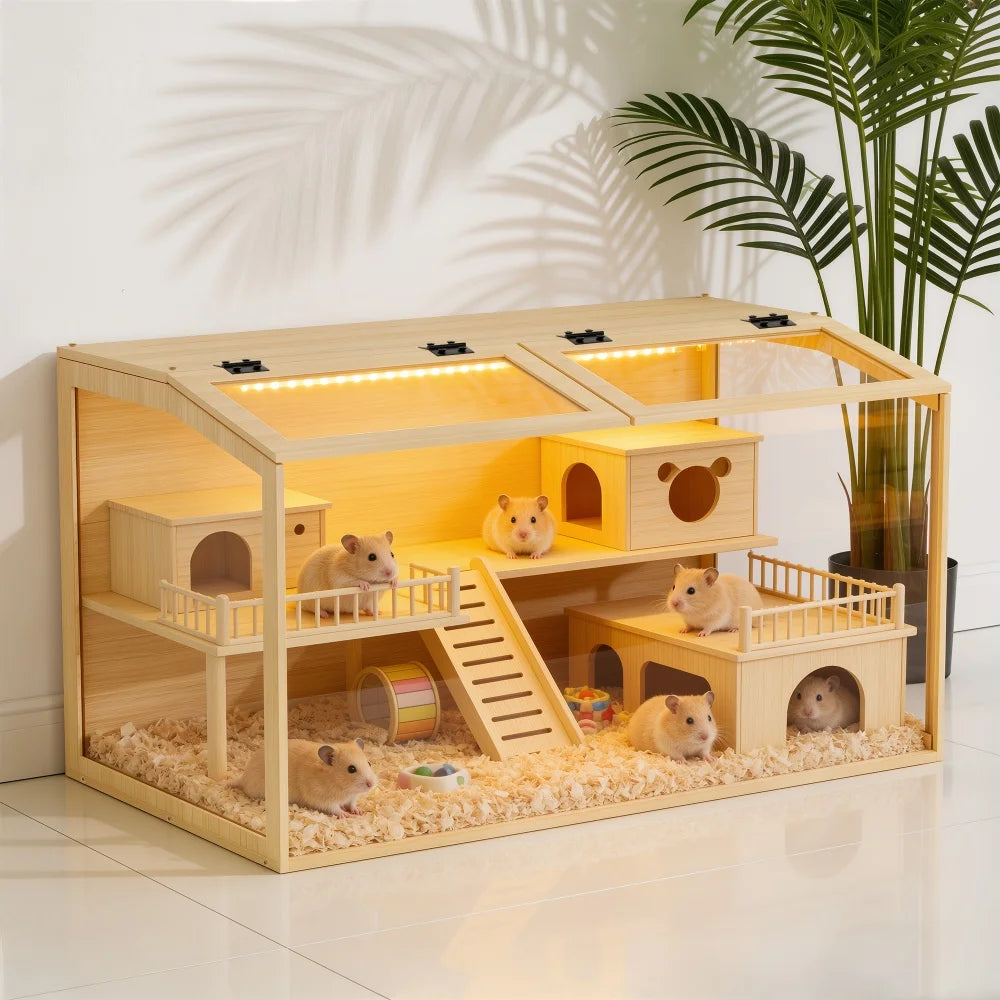 Large Wooden Hamster Cage with LED Light - Safe & Chew-Proof Habitat