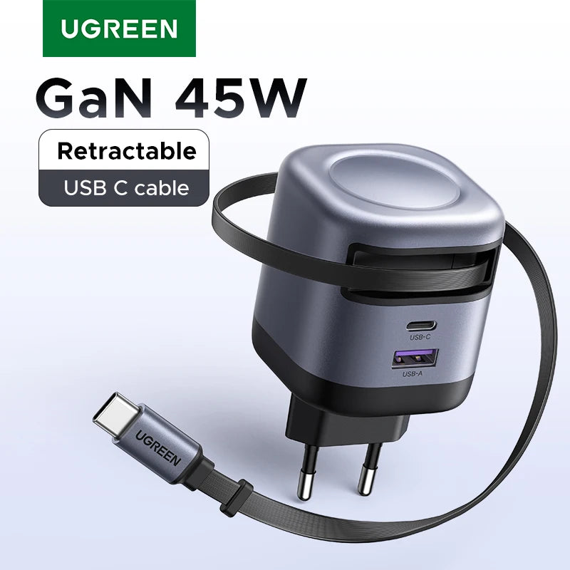 UGREEN 45W GaN Fast Charger with Retractable Cable - Quick & Compact