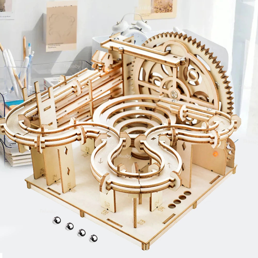 3D Wooden Puzzle Marble Run Set - DIY Mechanical Model Kit for All Ages