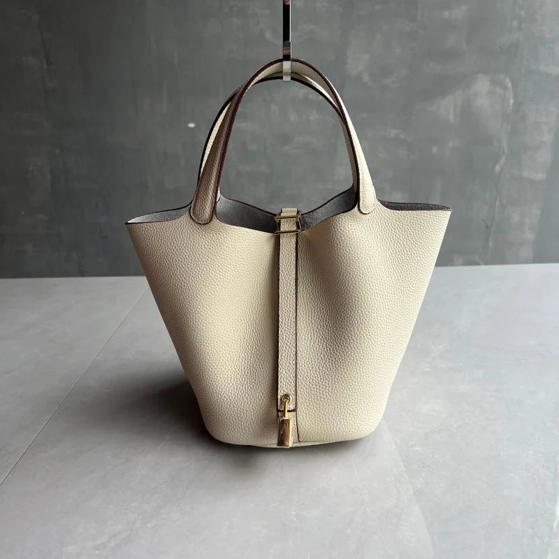 Elegant Premium Cowhide Leather Handheld Basket Bag for Women
