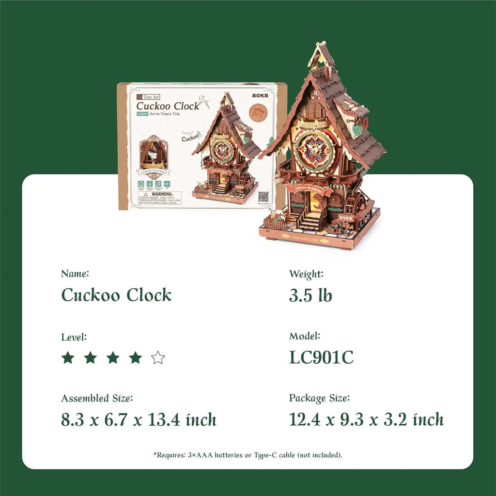 Robotime 3D Wooden Cuckoo Clock Kit - DIY Puzzle with LED Lights
