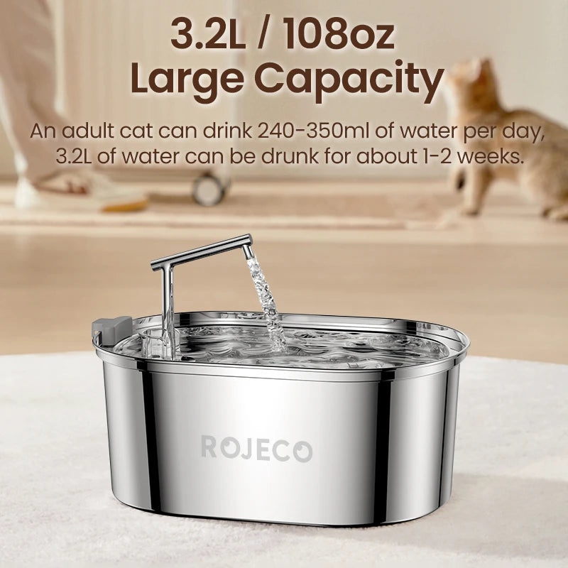 ROJECO Automatic Stainless Steel Cat Water Fountain - 3.2L Dispenser