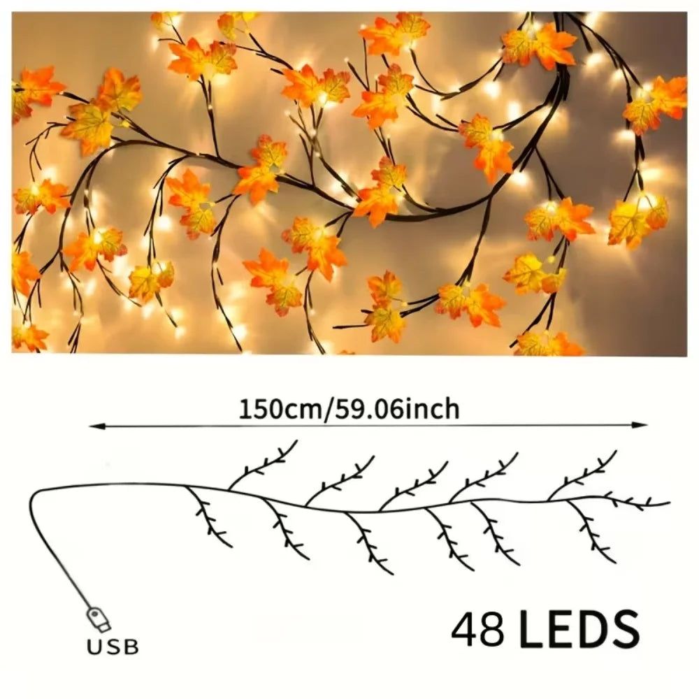 48 LED Lighted Maple Leaf Branch Garland - USB Powered Autumn Decor