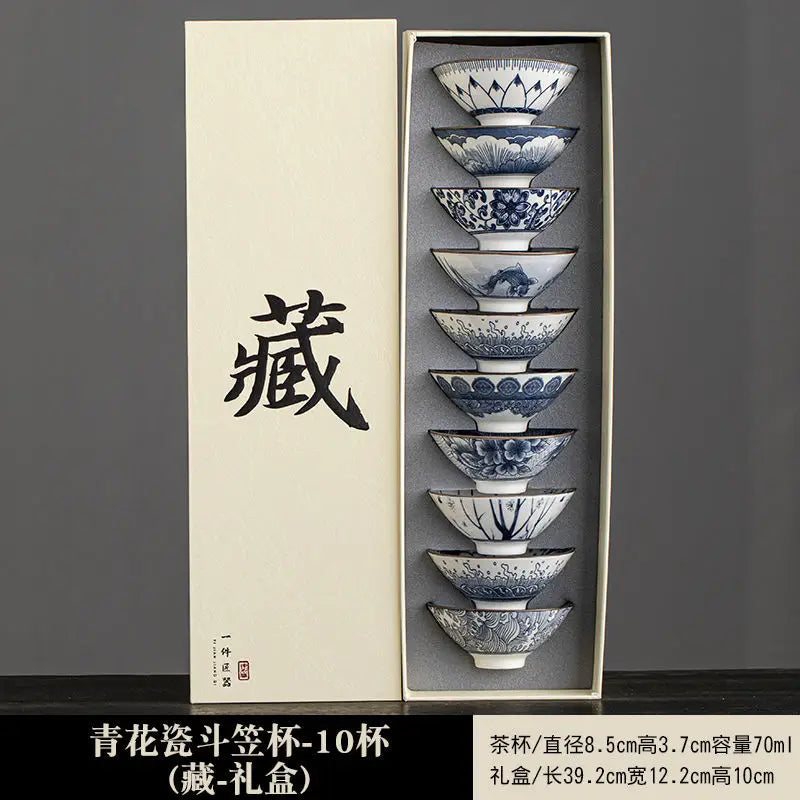 Vintage Blue and White Porcelain Teacups Set – 10 Pcs for Tea Lovers