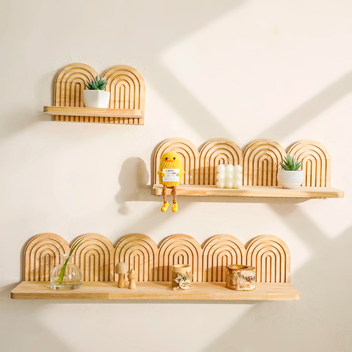 Boho Rainbow Arched Floating Wall Shelves - Rustic Wooden Decor