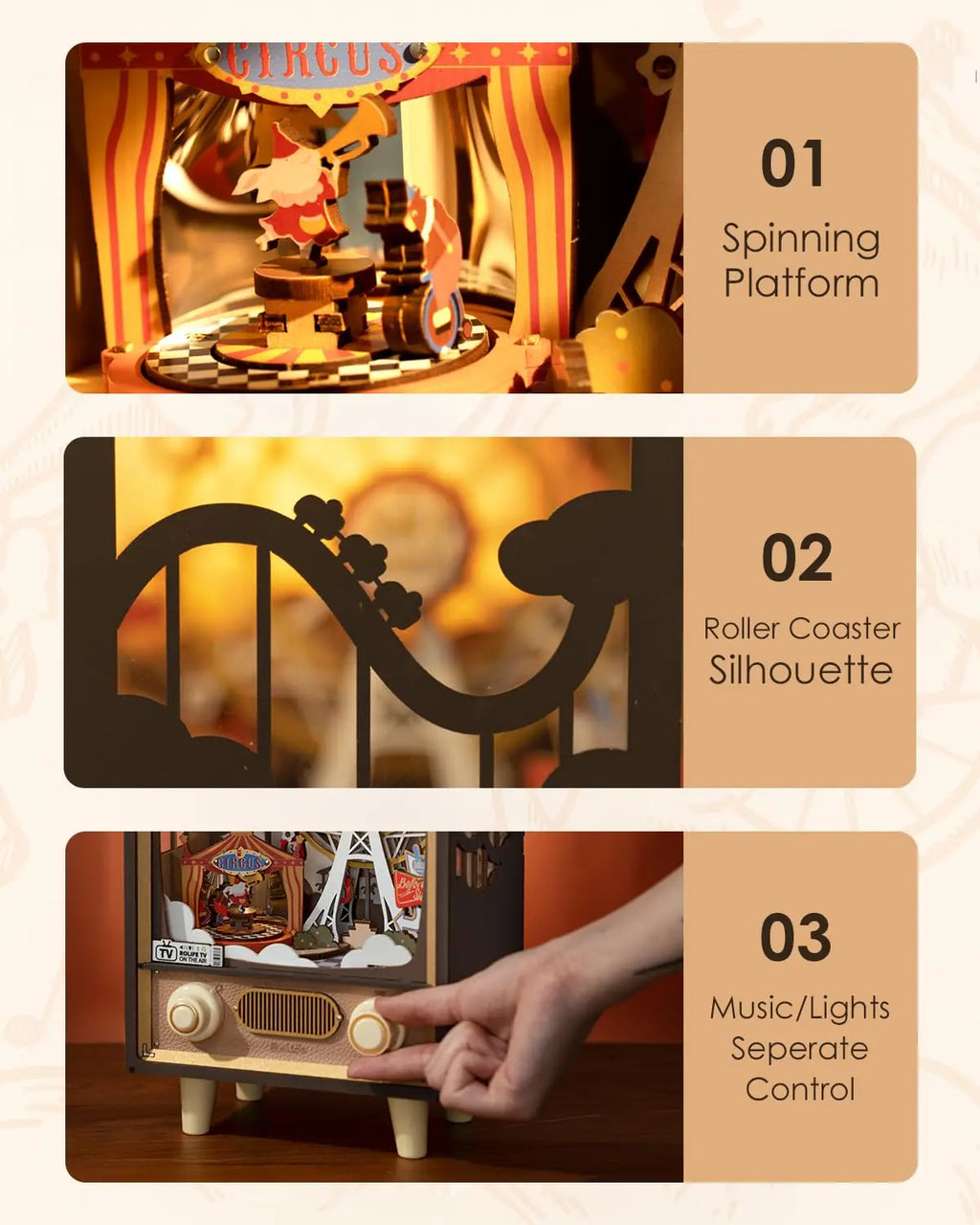 Robotime Sunset Carnival Music Box - LED Ferris Wheel Decor