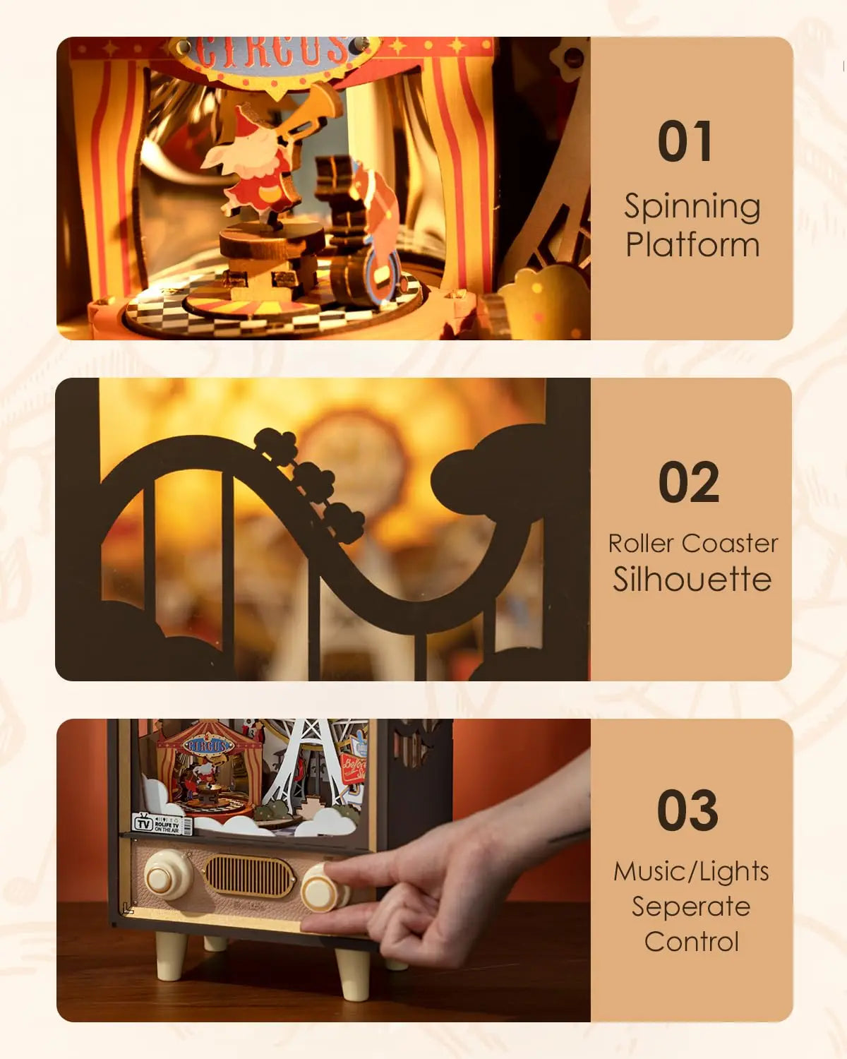 Robotime Sunset Carnival Music Box - LED Ferris Wheel Decor