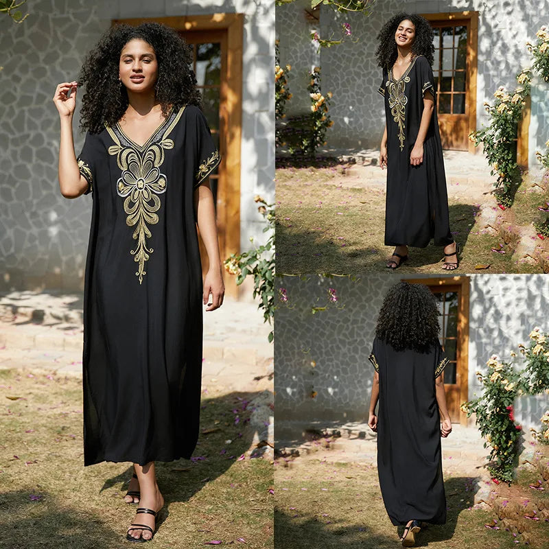 Stylish V Neck Swim Cover Up for Women - Embroidered Kaftan Dress