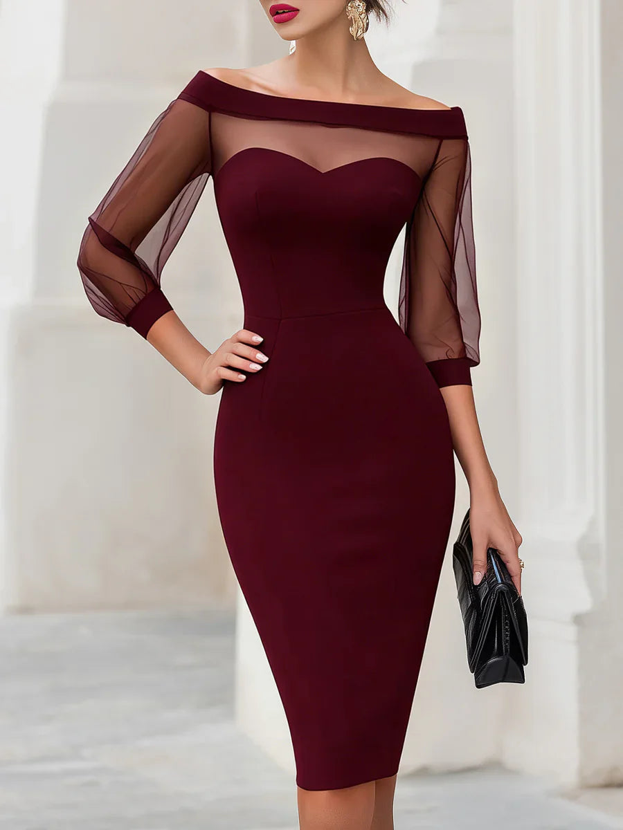 Sheer Mesh Off Shoulder Bodycon Midi Dress for Women