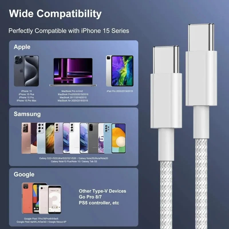 3-Pack USB C Fast Charging Cable - 100W for iPhone, Samsung, Xiaomi