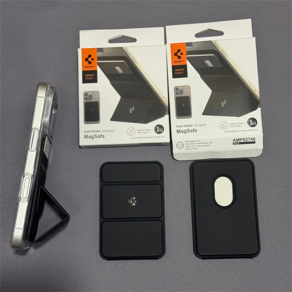 Spigen iPhone 17/16/15 Pro Max Leather Folding Magnetic Stand & Card Holder