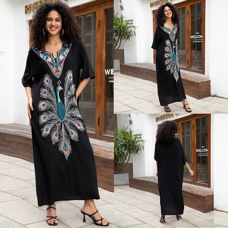 Stylish V Neck Swim Cover Up for Women - Embroidered Kaftan Dress