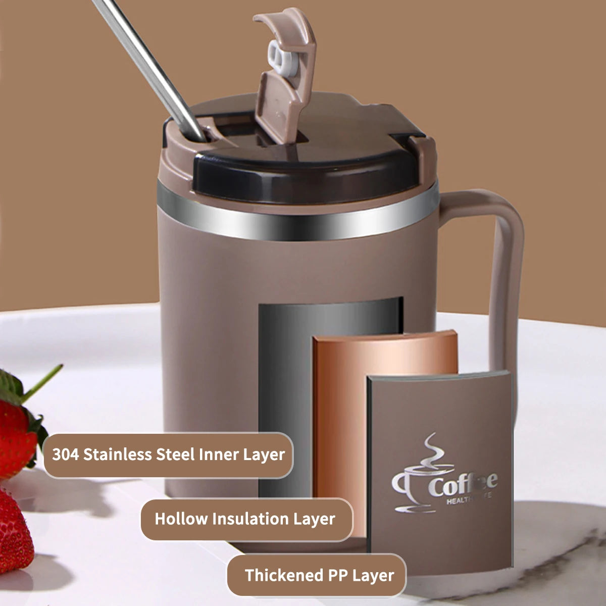 Double-Layer Insulated Stainless Steel Coffee Cup & Spoon