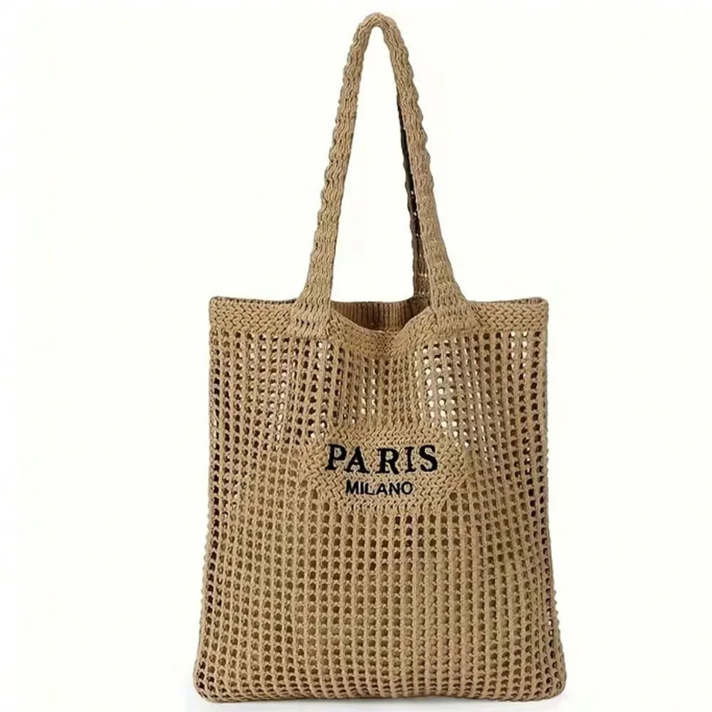 1 Piece Women's Knitted Woven Tote Bag - Paris Lettered Open Shoulder Bag, Breathable Beach & Travel Bag, Washable Fabric, Casual Shopping Accessory, Durable Woven Design, Exclusive for Fashion Enthusiasts