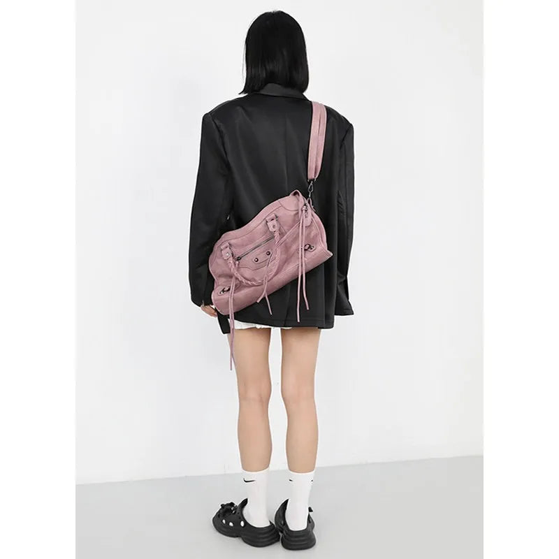 Y2K Vintage Dusty Pink Motorcycle Style Crossbody Bag for Women