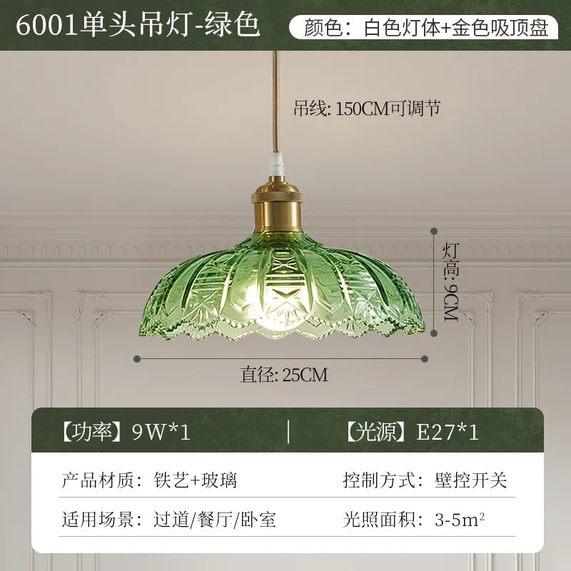 Vintage Green Glass LED Pendant Light - Adjustable Floral Design