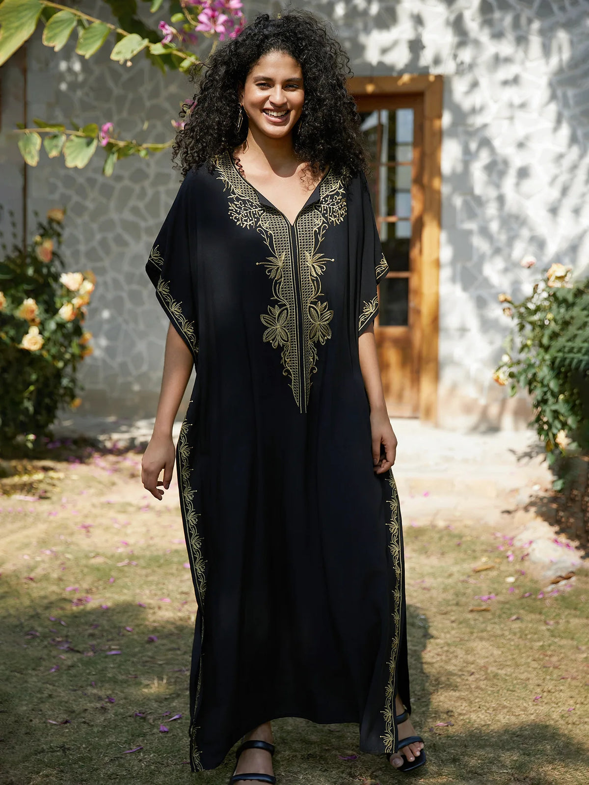 Stylish V Neck Swim Cover Up for Women - Embroidered Kaftan Dress