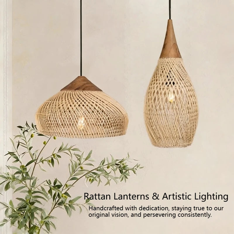 Japanese Wabi-Sabi Hand-Woven Rattan Pendant Light - Boho E27 Lamp