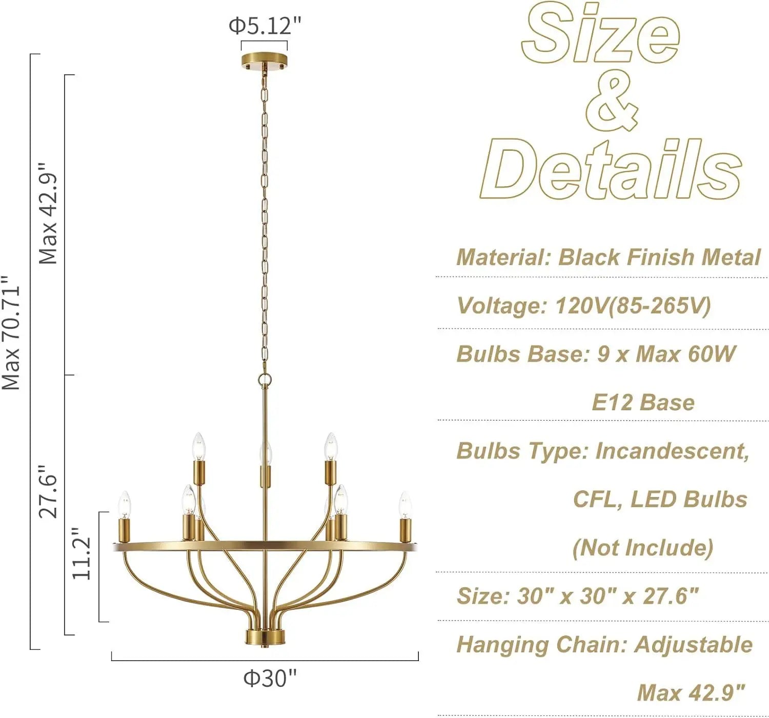 Modern Minimalist 9-Light Brass Chandelier - Gold Ceiling Pendant Light