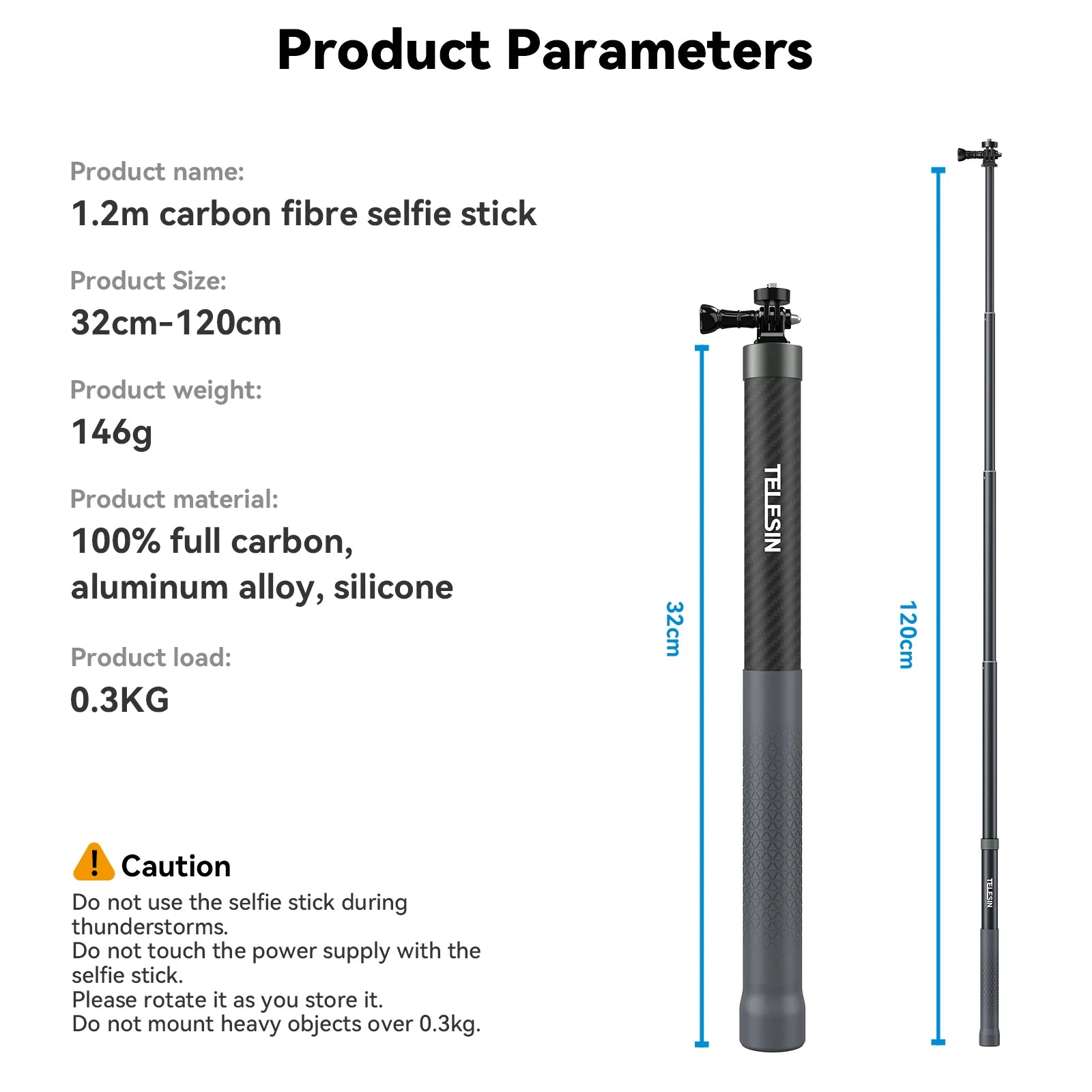 TELESIN Carbon Fiber Selfie Stick Monopod - Extendable 1.2M to 3M