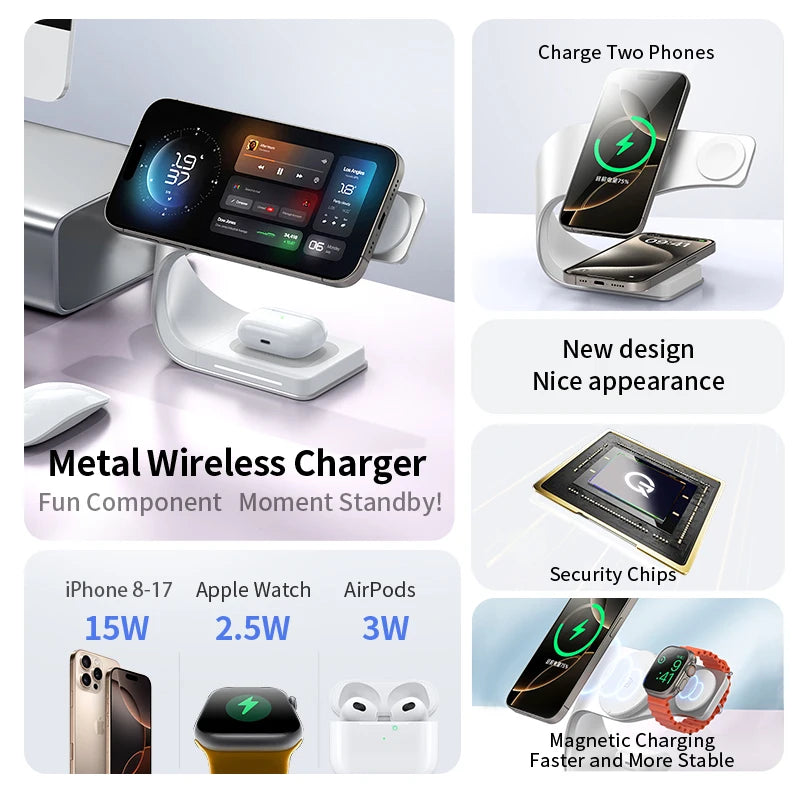 15W CrownQu 4-in-1 Wireless Charger for iPhone, AirPods & Apple Watch