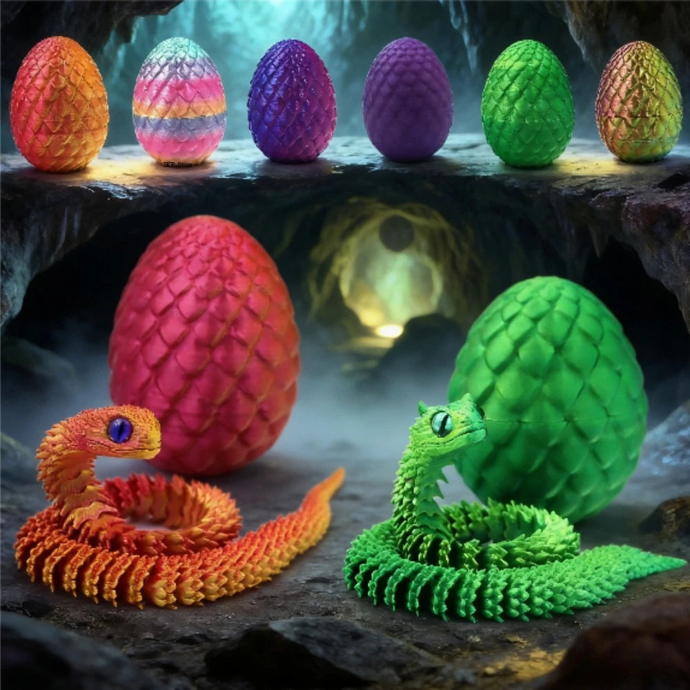 3D Printed Articulated Snake & Dragon Egg – Unique Home Decor