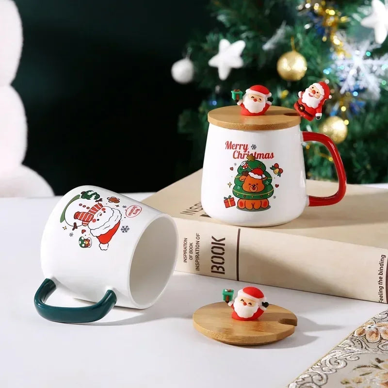 Festive Ceramic Mug Set with Lid & Spoon - Perfect Christmas Gift