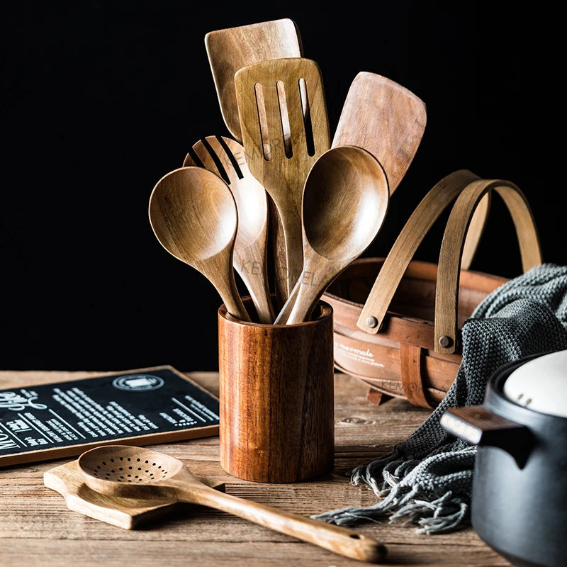 9-Piece Teak Wooden Cooking Spoon Set with Holder - Eco-Friendly Utensils