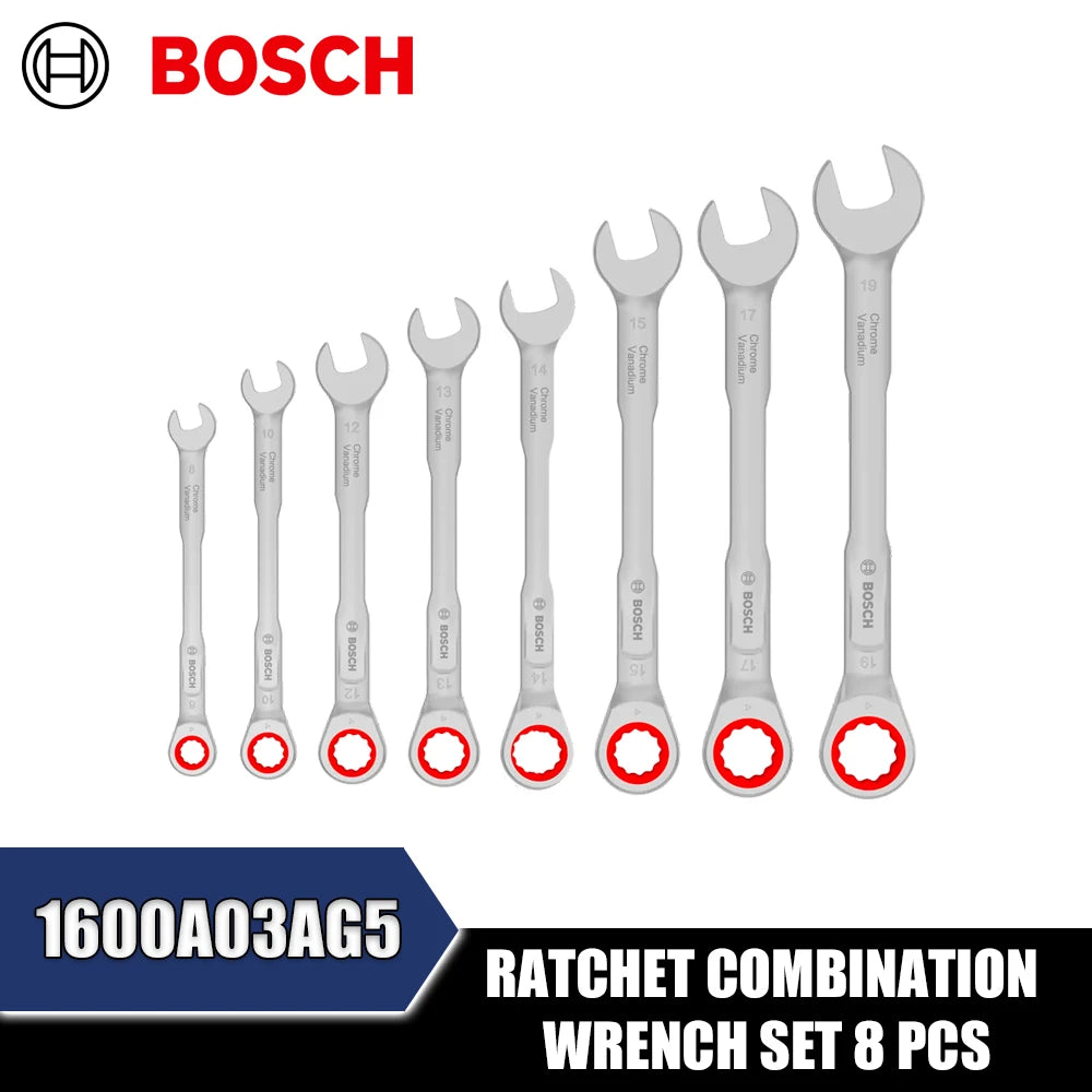 BOSCH 8-Piece Ratchet Combination Wrench Set for Precision Fastening