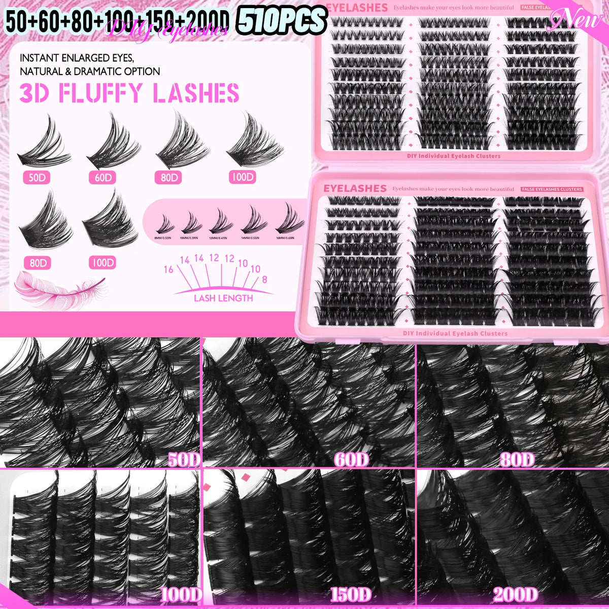 GROINNEYA 510pcs D Curl Fluffy Lashes – 6 Styles, 8-16mm Wispy Extensions
