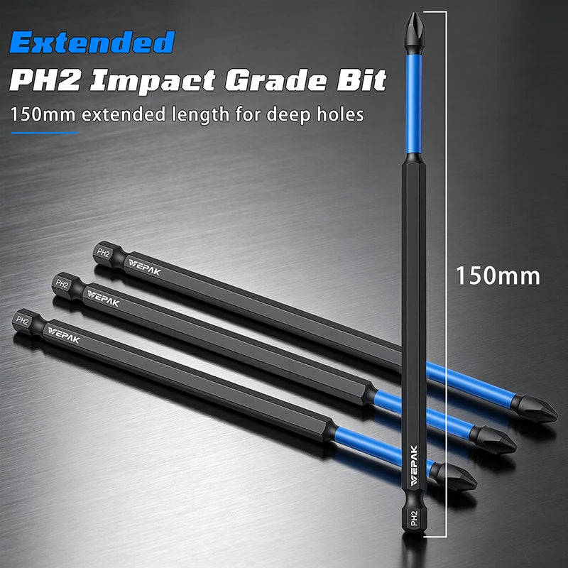 VEPAK 5Pcs PH2 Impact Screwdriver Bit Set with Magnetic Extension Bar