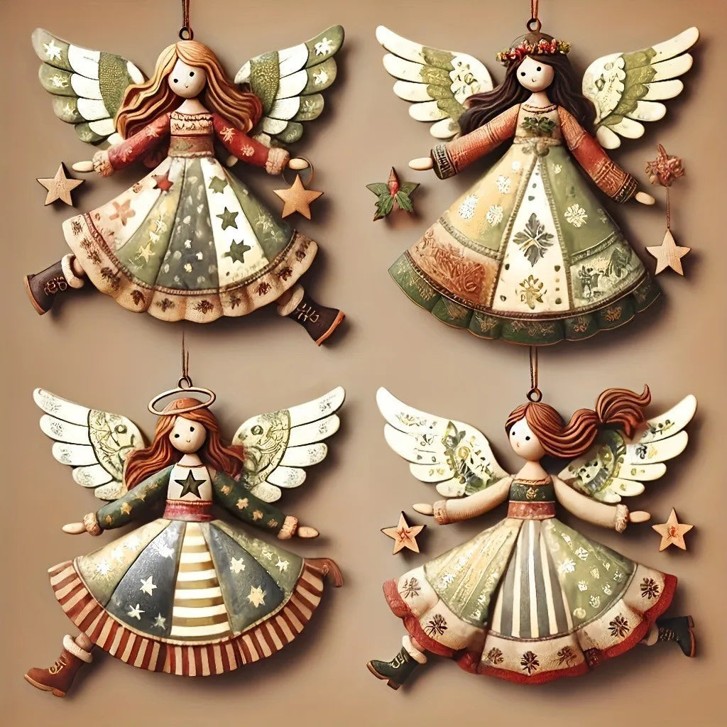 4PCS Vintage Angel Wooden Hanging Ornaments for Festive Decor